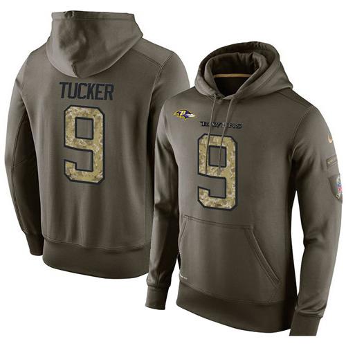 NFL Men's Nike Baltimore Ravens #9 Justin Tucker Stitched Green Olive Salute To Service KO Performance Hoodie - Click Image to Close